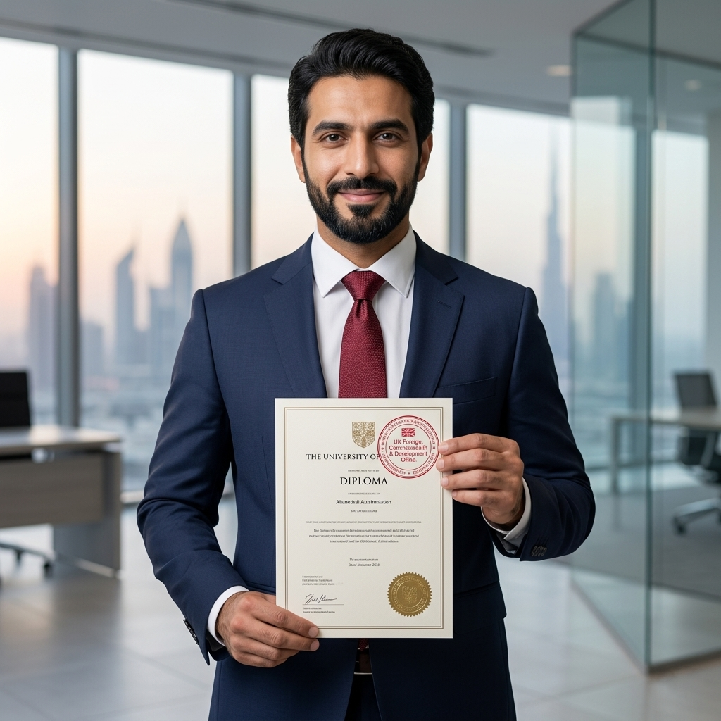  Businessman holding certified degree with UK Foreign Office stamp 